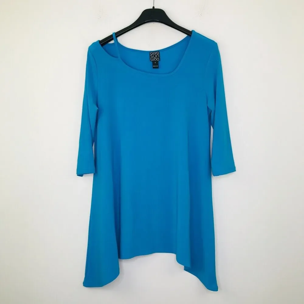 Clara Sunwoo Women's Small Tunic Blue Asymmetric Shoulder Cutout 3/4 Sleeve CN2